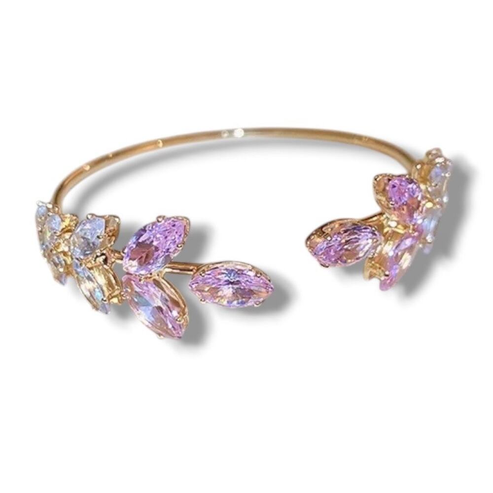 Gold N Pink Crystal Leaf Cuff Bracelet